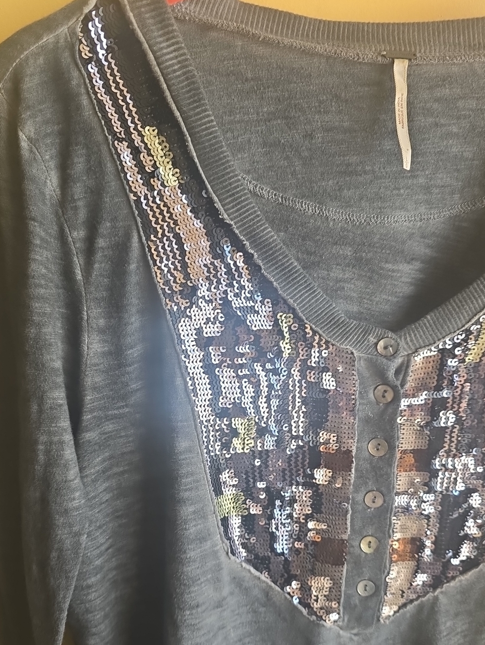 Free People Charcoal Gray Long Sleeve Top with Sequined V-Panel